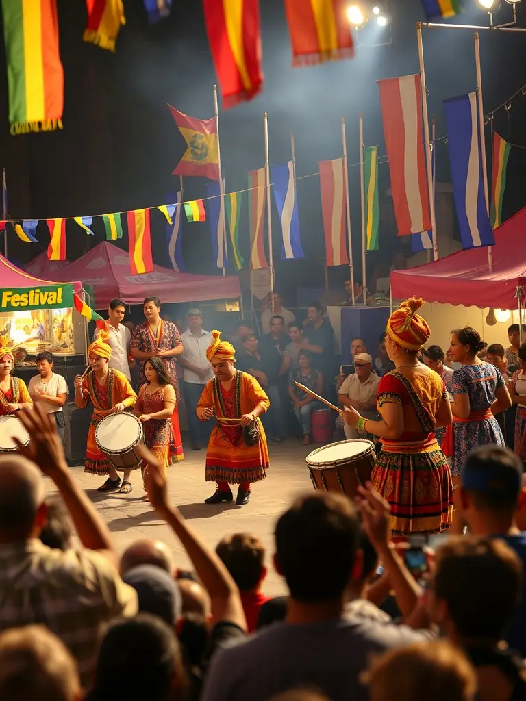 A photograph of a successful intercultural festival organized by ASSOCIATION MOD ALL, featuring traditional music, dance, and food from various cultures.