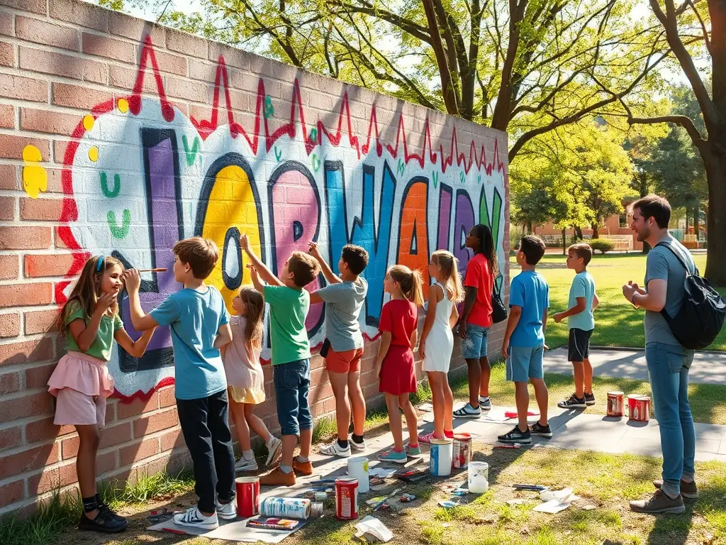 A vibrant image showcasing participants of all ages engaged in a community art project, painting a mural together, reflecting the association's commitment to intergenerational exchanges and citizen participation.