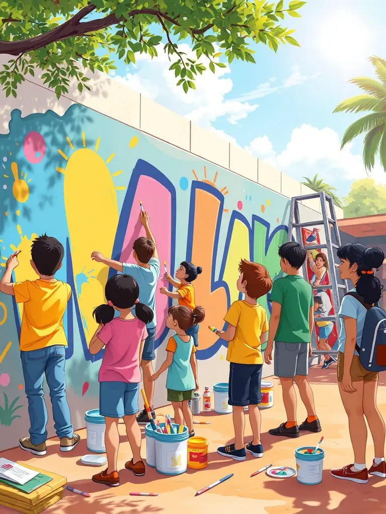 A vibrant image depicting a community art workshop in progress, showcasing participants of diverse ages and backgrounds collaborating on a mural.