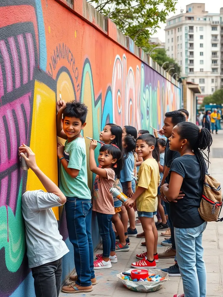 An image depicting a community art project led by ASSOCIATION MOD ALL, showcasing participants of all ages collaborating on a large-scale mural that reflects the local community's identity and values.