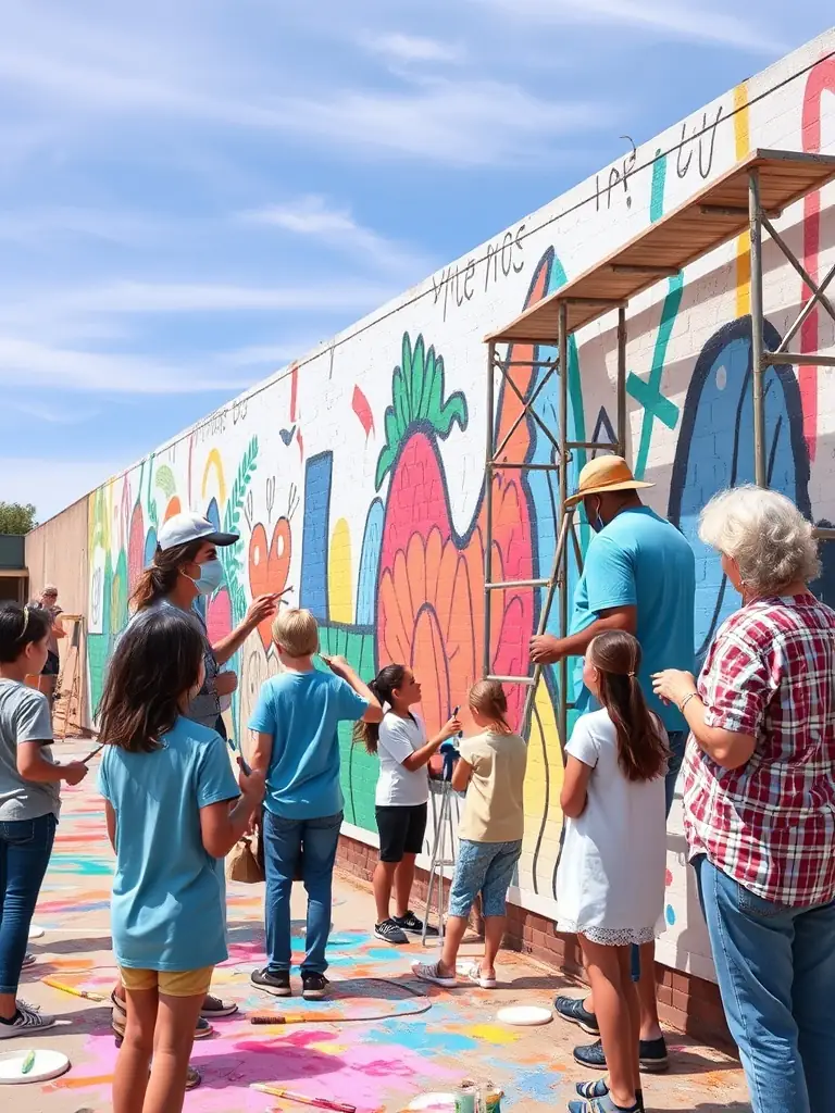 A vibrant image depicting a community art project in progress, showcasing diverse participants collaborating on a mural, reflecting ASSOCIATION MOD ALL's commitment to citizen participation and artistic expression.