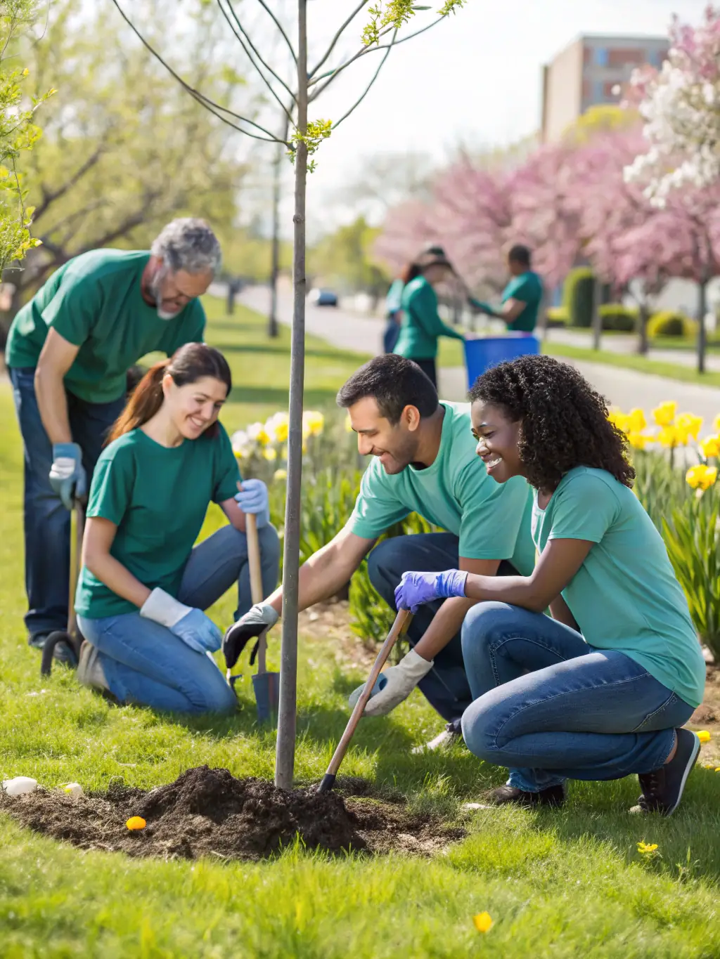A photo of a group of volunteers planting trees in a local park as part of an environmental awareness initiative led by ASSOCIATION MOD ALL.