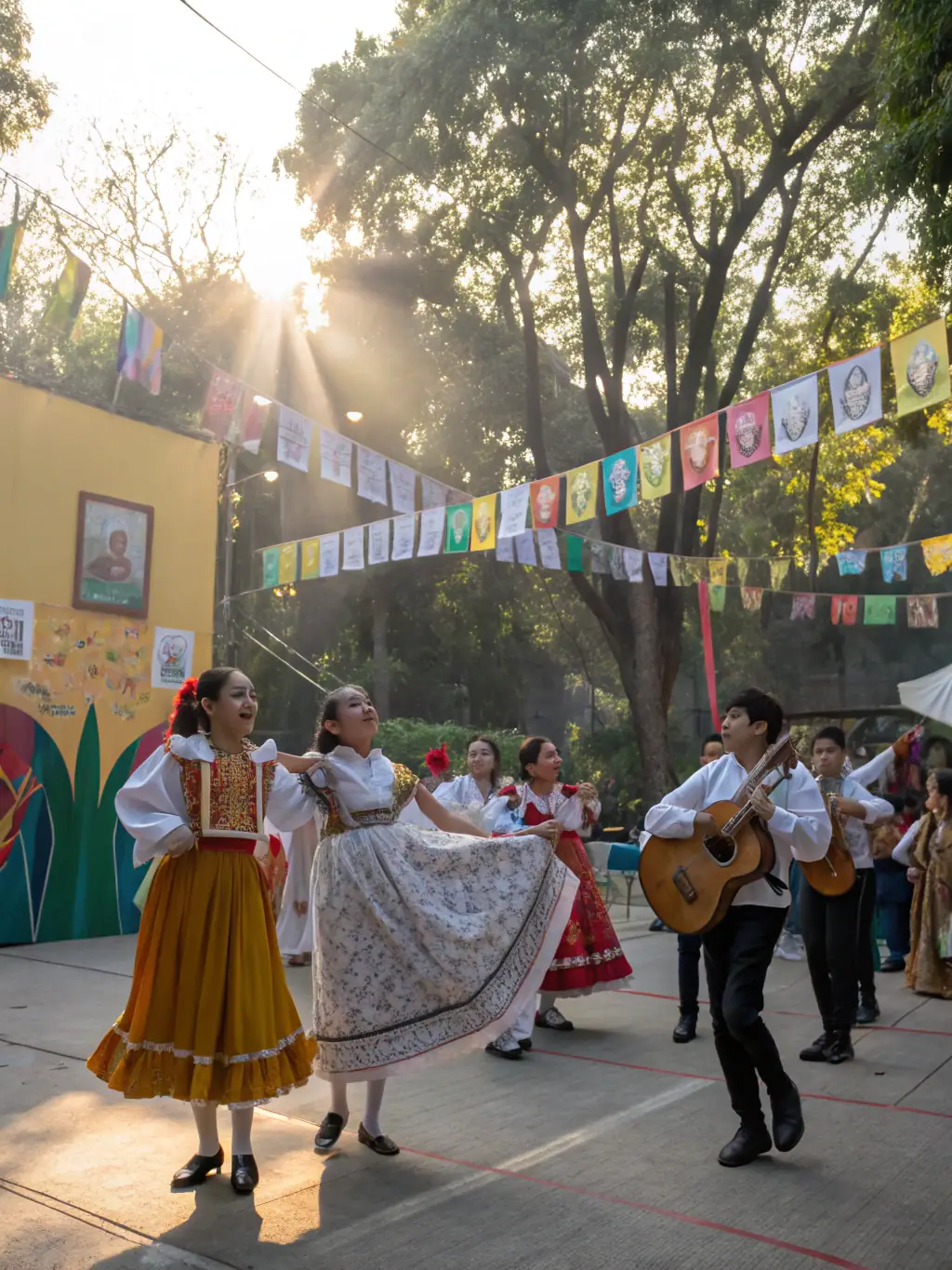 A photograph capturing a vibrant intercultural festival organized by ASSOCIATION MOD ALL, featuring traditional music, dance, and food from various cultures, with diverse participants actively engaging in the festivities.