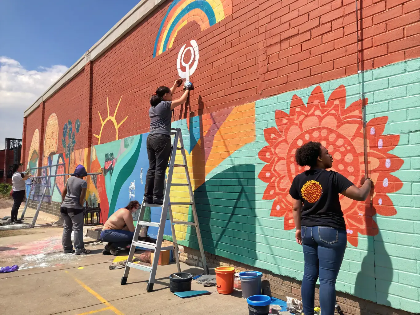 A diverse group of people participating in a community art project, painting a mural together, showcasing collaboration and inclusivity.