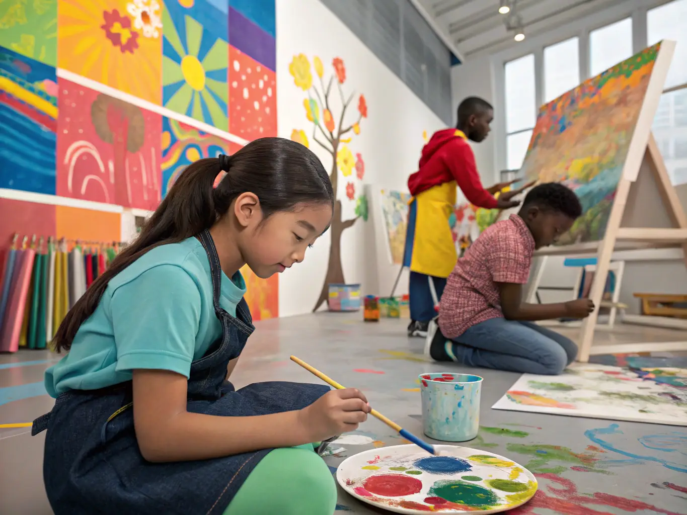 A photograph of a youth art workshop, with children actively engaged in creating artwork, highlighting the organization's focus on nurturing young talent.