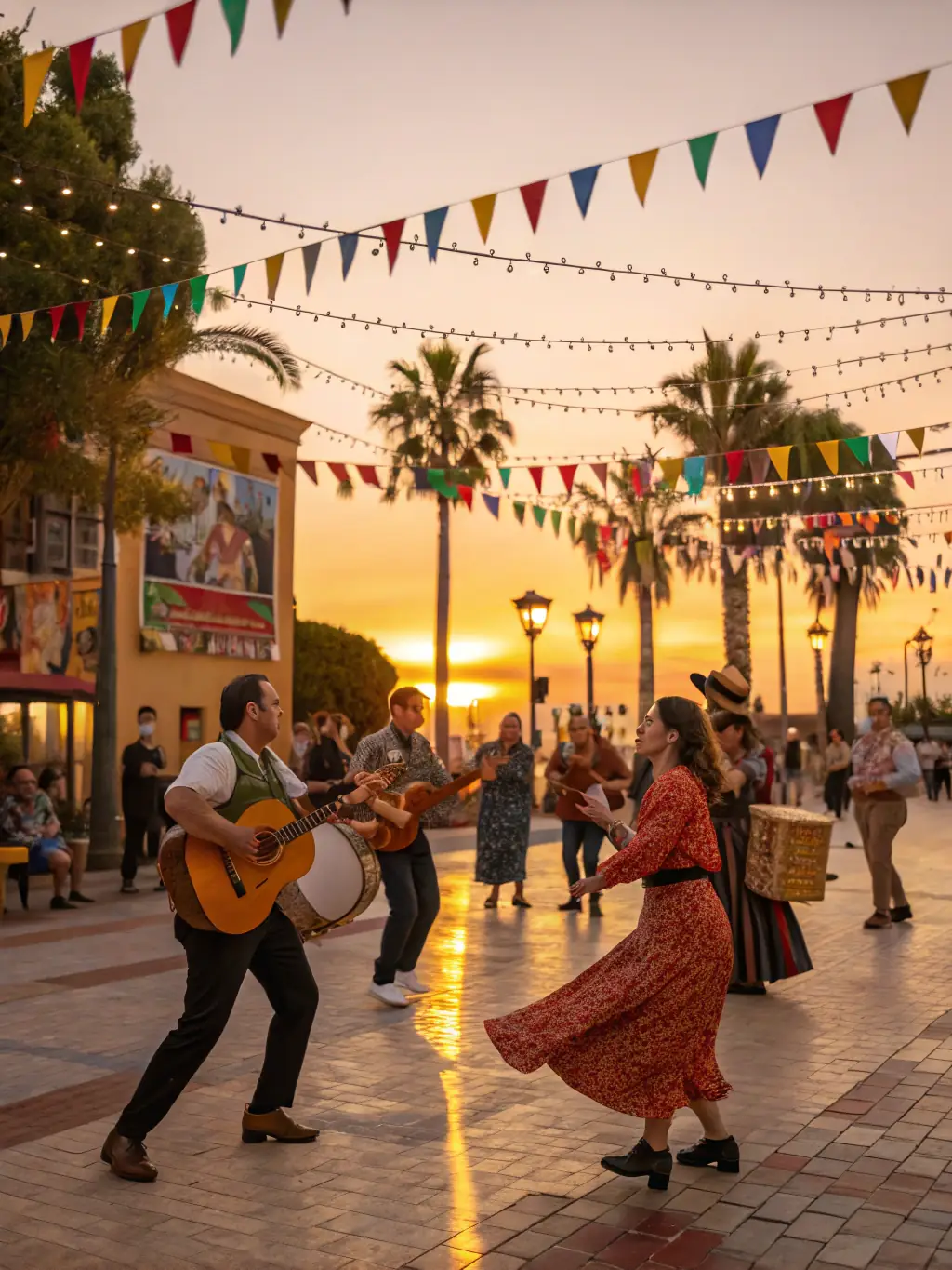 A dynamic image of a diverse group of individuals participating in an intercultural festival, celebrating different cultures through music, dance, and food.