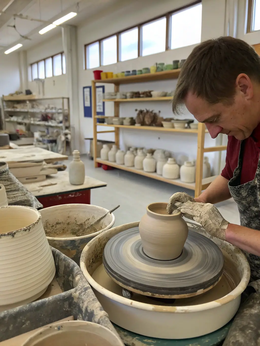 A focused shot of a pottery workshop, with participants learning techniques from a skilled instructor, emphasizing hands-on artistic education.