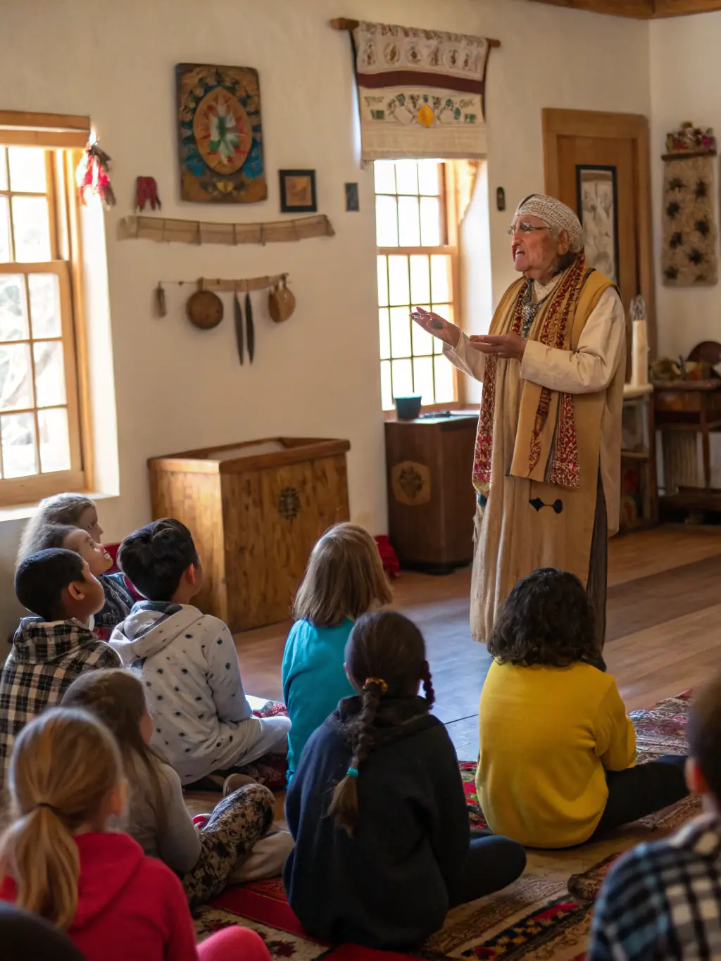 A photograph capturing an intergenerational exchange during a storytelling event, where elders share traditional tales with young children, highlighting ASSOCIATION MOD ALL's focus on intergenerational connections.