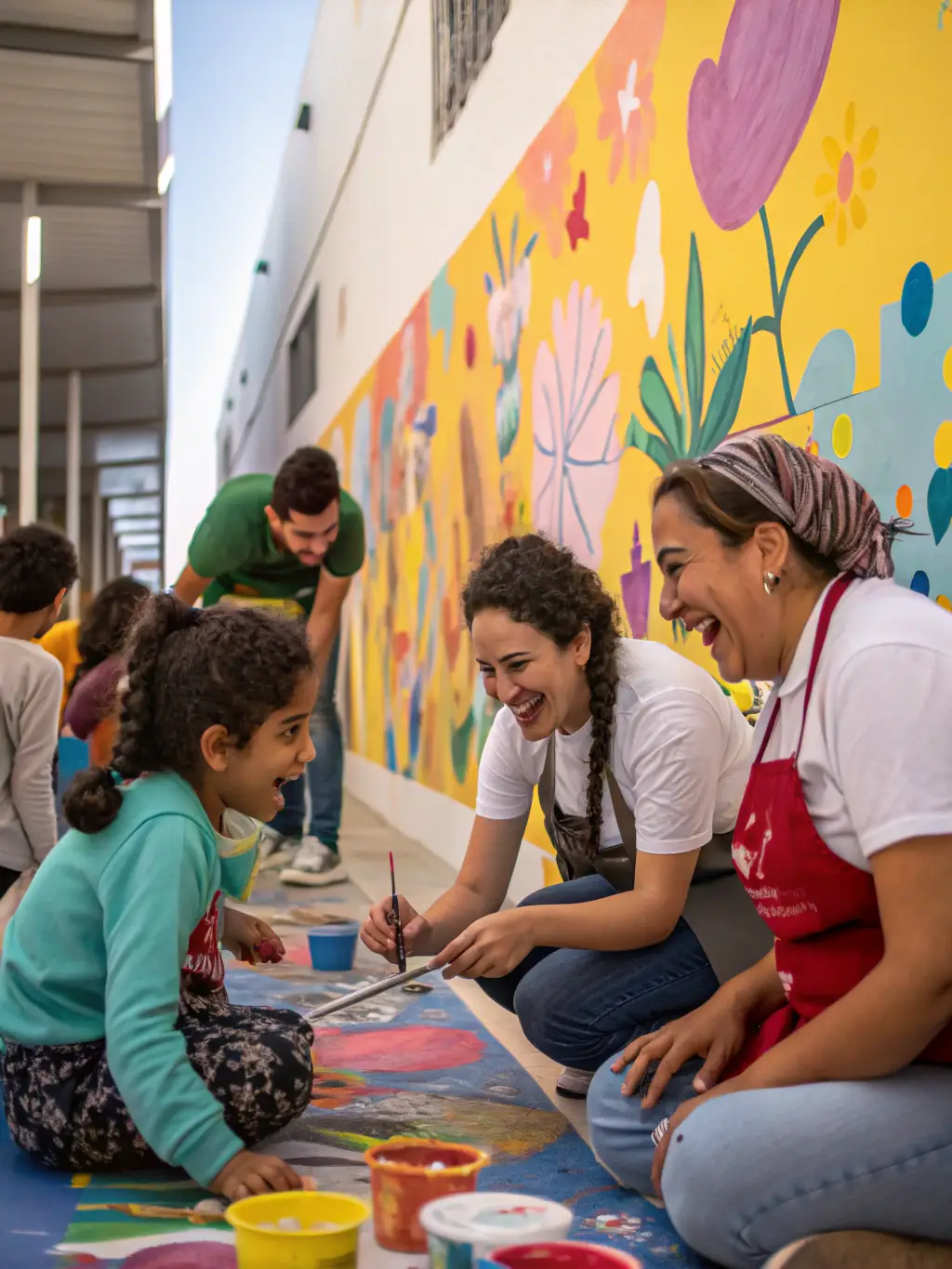 A vibrant photograph capturing participants of all ages engaged in a collaborative mural painting project, showcasing community involvement and artistic expression.