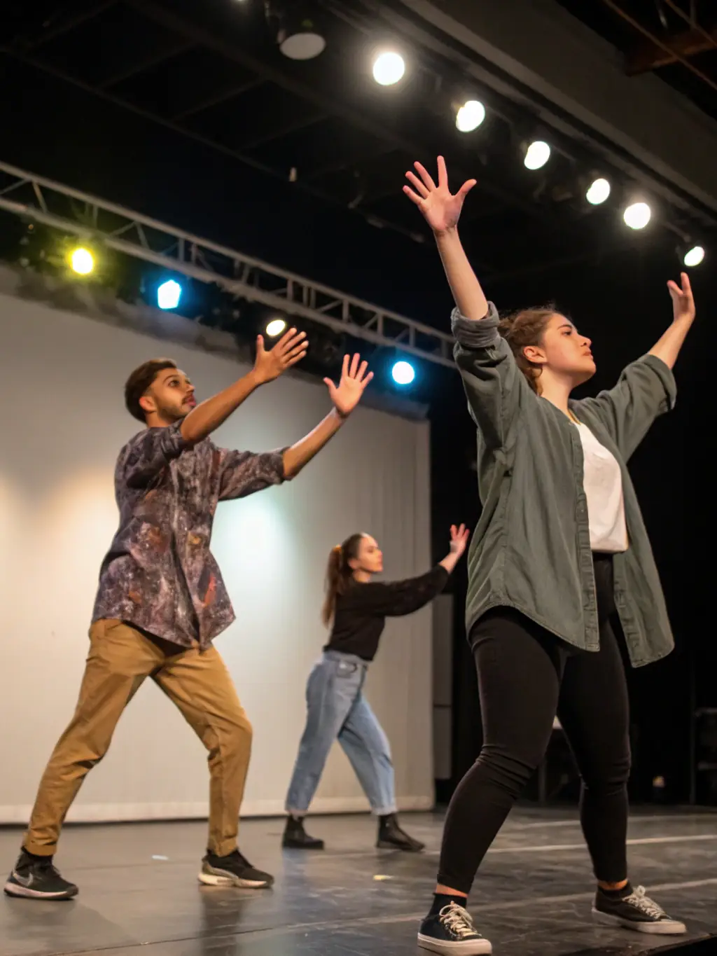 A photo of participants in an inclusive theater workshop, where individuals of all abilities explore creative expression through drama, reflecting ASSOCIATION MOD ALL's dedication to equitable access to the arts.