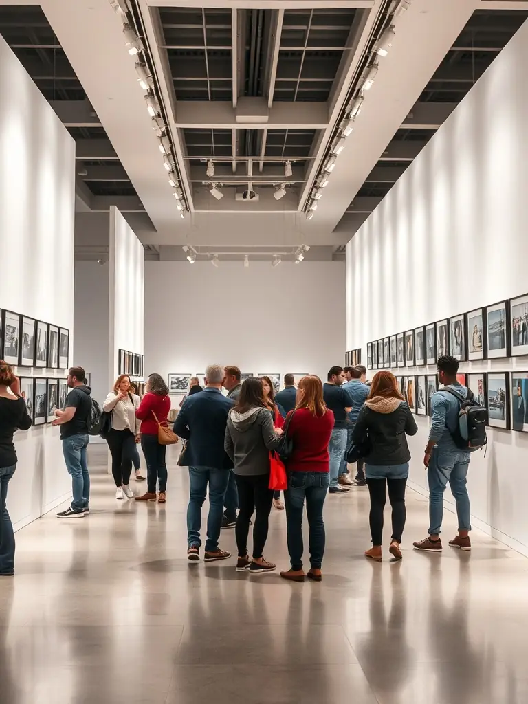A photograph capturing an exhibition organized by ASSOCIATION MOD ALL, showcasing artworks created by local artists, with visitors admiring the diverse range of styles, themes, and perspectives on display.