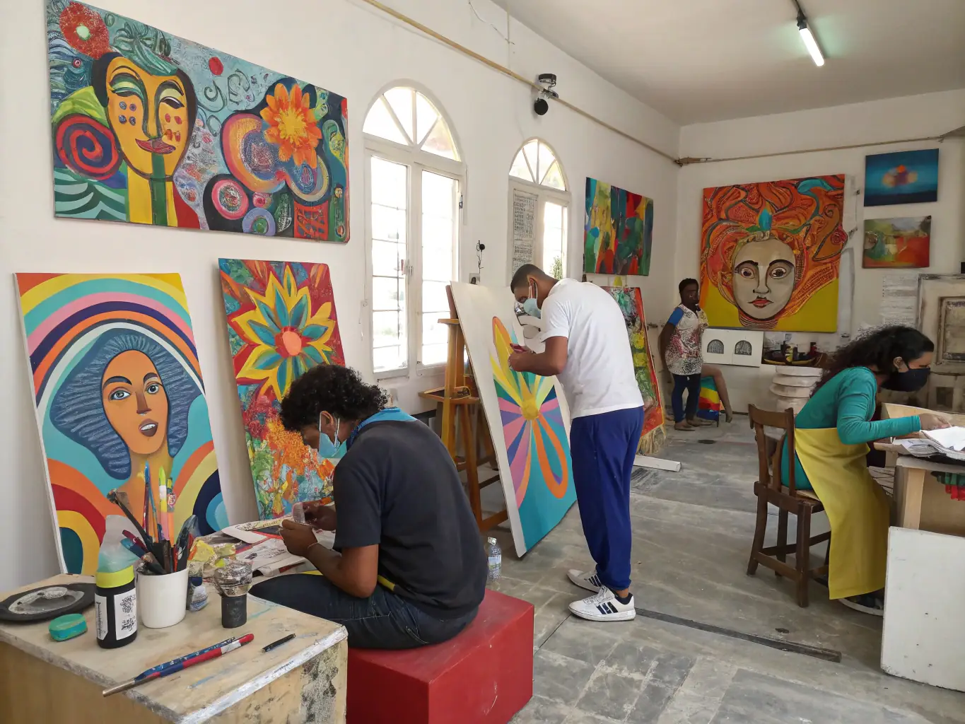 An image depicting a workshop session where participants are learning new artistic skills, such as painting, sculpture, or digital art, guided by experienced instructors, emphasizing the association's support for talent expression.