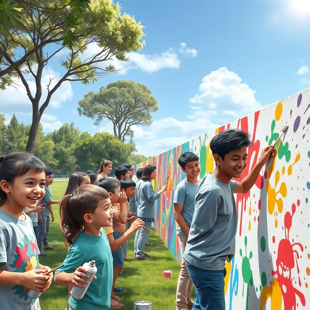 A group of people participating in a community art project, painting a mural together.