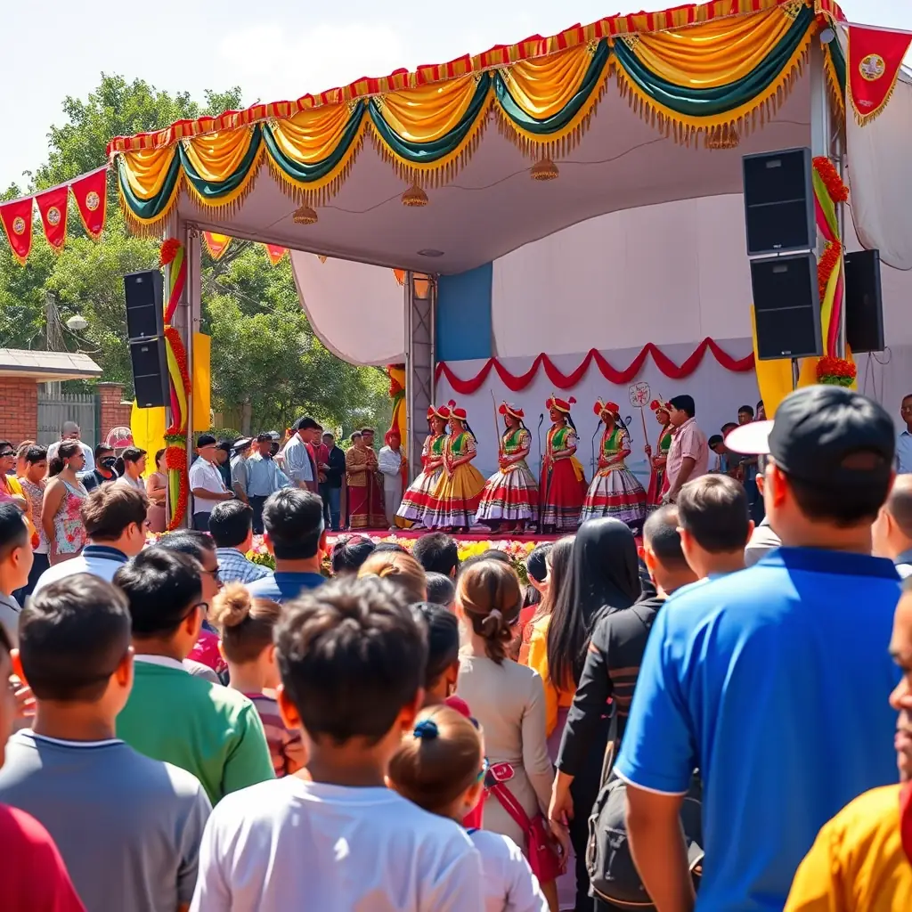 A diverse group of people attending a cultural festival, enjoying music and dance performances.